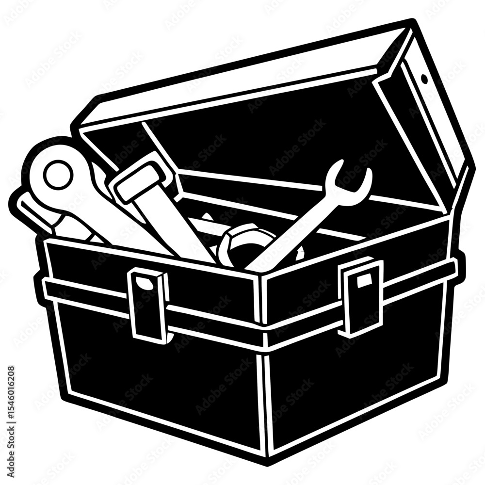 Poster open toolbox illustration detailed vector graphic of a metal toolbox with lid open showing tools ins