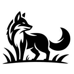 Black and white vector silhouette of a fox on white background