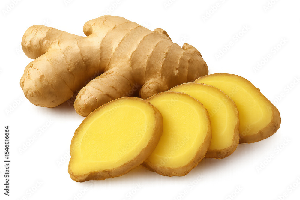Poster close-up of fresh ginger root and slices, showcasing its vibrant color and texture, isolated on a tr