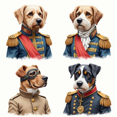 Four regal dogs in military attire showcasing diverse breeds and vintage uniforms.