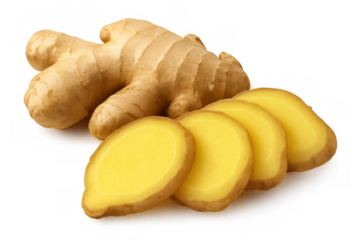 Close-up of fresh ginger root and slices, showcasing its vibrant color and texture, isolated on a transparent background