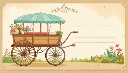 Vintage floral wagon illustration with teal canopy and space for personalized text