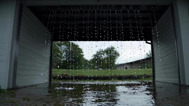 there is a rain shower coming down from a roof