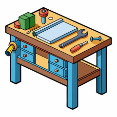 Detailed vector illustration of a workshop bench workbench or table with vise