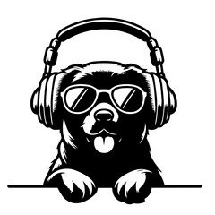 Black and white vector silhouette of a chill rocking dog on white background