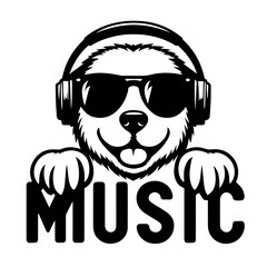 Black and white vector silhouette of a chill rocking dog on white background