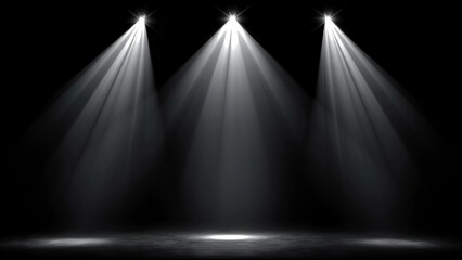 Three Bright White Spotlights Illuminating Stage Isolated on Black Background - Focus, Performance, Presentation, and Event Lighting