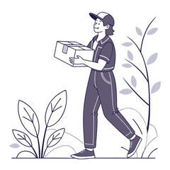 Delivery Person Walking: A courier, dressed in a uniform, confidently carries a package, striding purposefully amidst stylized foliage.