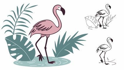 Obraz premium Illustration featuring a pink flamingo standing in water surrounded by tropical leaves and line drawings