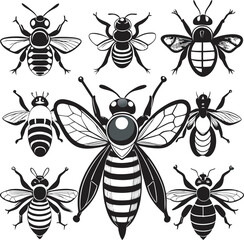 A bold collection of stylized black and white bee illustrations showcasing unique wing patterns and whimsical insect designs