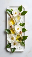 Four bottles of essential oil on white tray with magnolia blossoms and leaves