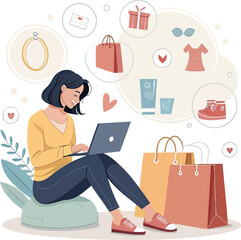 Online Shopping Delights: A woman enjoys online shopping, surrounded by shopping bags and icons, showcasing the ease of modern retail.