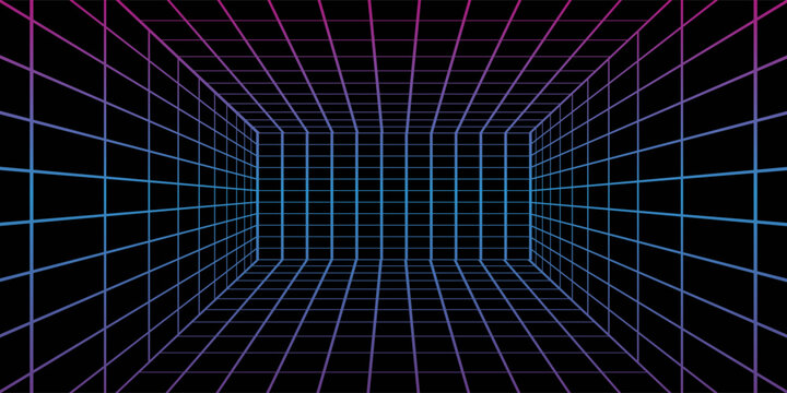 3D wireframe room colorful on dark background. Abstract perspective grid. Vector illustration.