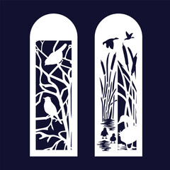 Bookmarks, vertical panels with a cut-out design. Birds on tree branches and a duck with ducklings in the reeds