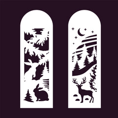 Bookmarks, vertical panels with carved hares and deer in the forest