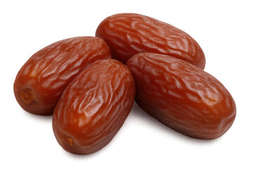 Four ripe dates are laying on a transparent background, showcasing their rich color and texture, ideal for projects related to healthy eating, nutrition, or middle eastern cuisine