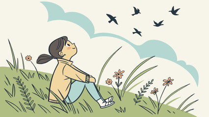 Illustration of a girl sitting on a grassy hill looking up at birds flying in the sky with clouds above