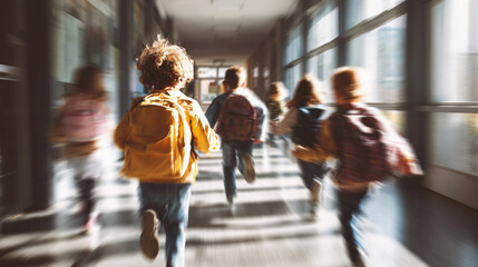 Back view of group of elementary school kids running joyfully down school hallway with backpacks, motion blur effect, bright natural light through windows, energetic and happy childhood moment