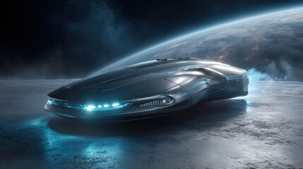 Futuristic spacecraft landing on an alien planet with a glowing atmosphere and distant stars