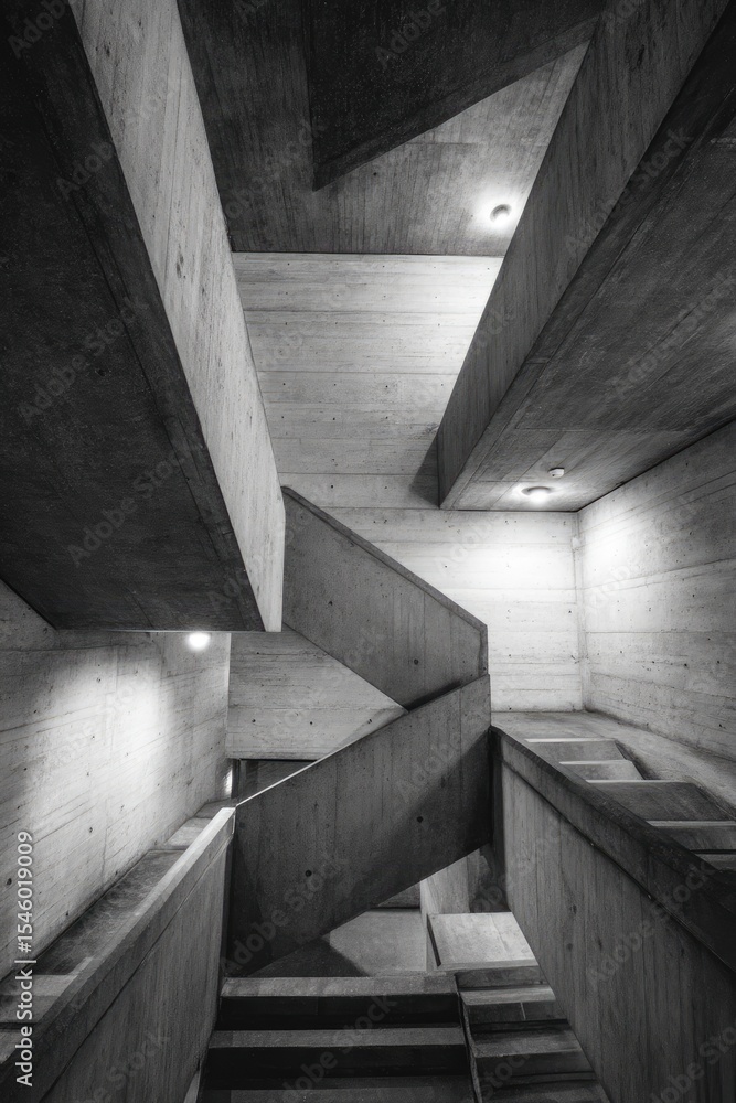 Poster abstract monochrome photograph of a complex, angular concrete staircase and hallway system, lit with