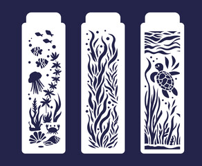 Bookmarks, vertical panels with cut-out algae, sea creatures and a turtle