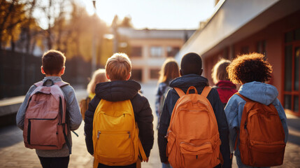 Back view of happy pupils from different ethnic backgrounds walking side by side, carrying backpacks, heading into school together, morning light and positive school vibes