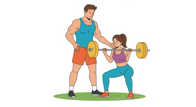 Personal Trainer Assisting Woman with Barbell Squat