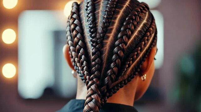 Close-up view of intricate cornrows in dark brown hair, styled into a ponytail.