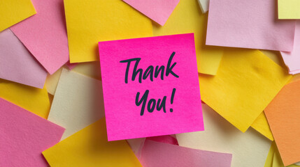 A vibrant collection of sticky notes surrounds a central bright pink note bearing the words 'Thank You!', emphasizing appreciation and gratitude.