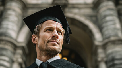 Close-up portrait of confident male graduate in academic regalia, standing in front of stone university building, soft natural lighting, mature and focused academic career vibe