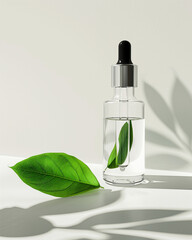 Minimal dropper bottle with clear liquid and green leaf on clean background. Great for cosmetic, skincare, or organic product branding.