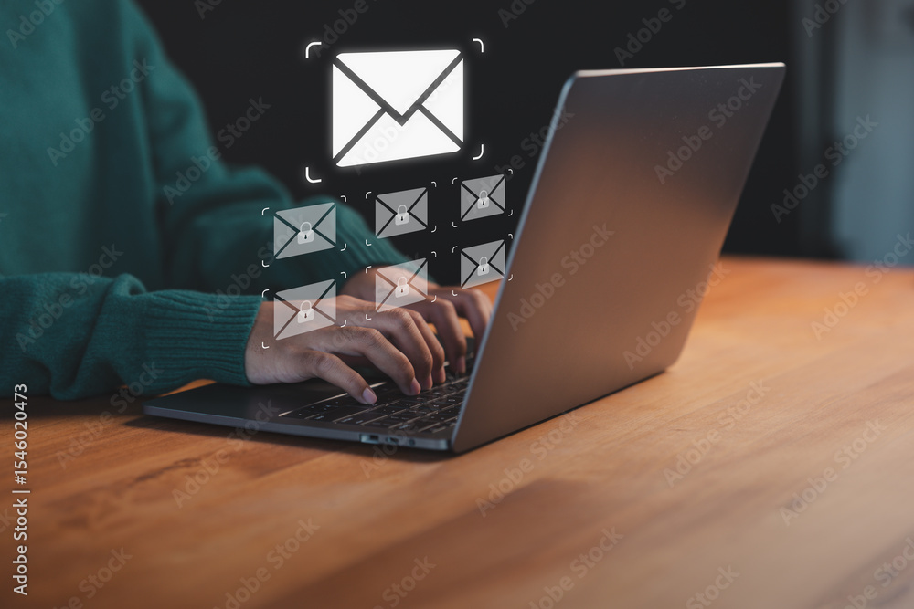 Aufkleber Person typing on a laptop with sending online message and email icon, representing digital communication, online messaging, internet network remote work and secure email technology.