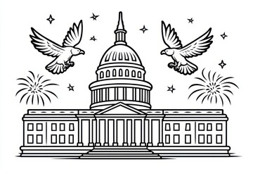 Patriotic Celebration: Iconic US Capitol with Fireworks and Eagles Line Art for Independence Day Coloring Book, July 4th Festivity