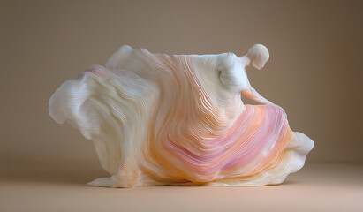 Flowing pleated sculpture dress celebrating flow and movement – vibrant fabric motion in abstract female figure on soft beige background (Ripple Motion 1).