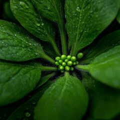 Green plant leaves with central buds on dark background – macro close-up with water droplets for modern wall art and nature-focused decor.