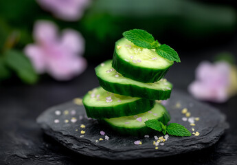 Stacked fresh cucumber slices with mint and salt – fresh food styling on black slate background