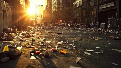 Sunrise over city street littered with trash after a night event.