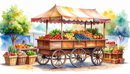 Watercolor painting of a wooden fruit and vegetable market cart with colorful produce