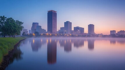 Tranquil Cityscape at Dawn with Reflections on Calm Water Surface