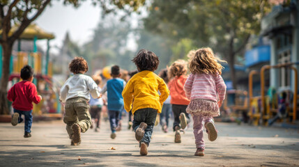 Happy school children rushing outside for recess, back view with diverse group, playground in distance, dynamic movement and freedom, early education and playtime concept