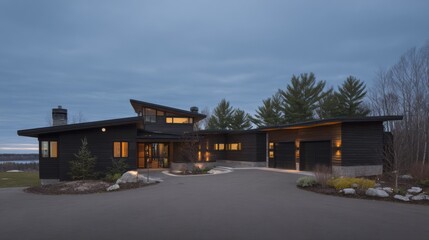 Modern-style house at dusk with dark exterior, warm interior lighting, flat roofs, angular lines, two chimneys, curved driveway, double garage, landscaped plants, evergreen trees, rocks, shrubs, seren