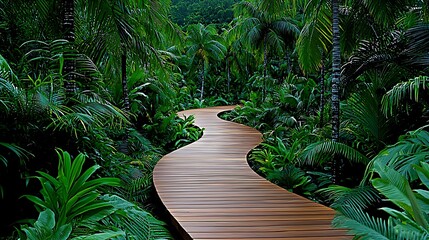 Winding wooden boardwalk path through lush tropical foliage Palm trees and dense green plants line the walkway