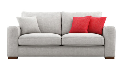 Modern Gray Fabric Sofa with Red Accent Cushions – Isolated PNG