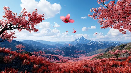 Pink cherry blossoms falling over a mountainous landscape with red grass
