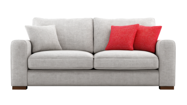 Modern Gray Fabric Sofa with Red Accent Cushions – Isolated PNG
