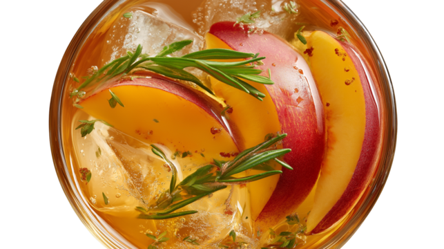 Close-up of iced peach tea with sliced peaches and herbs in transparent glass, top view, PNG