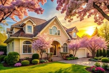 Luxury suburban home at sunset, surrounded by blooming pink trees and lush landscaping