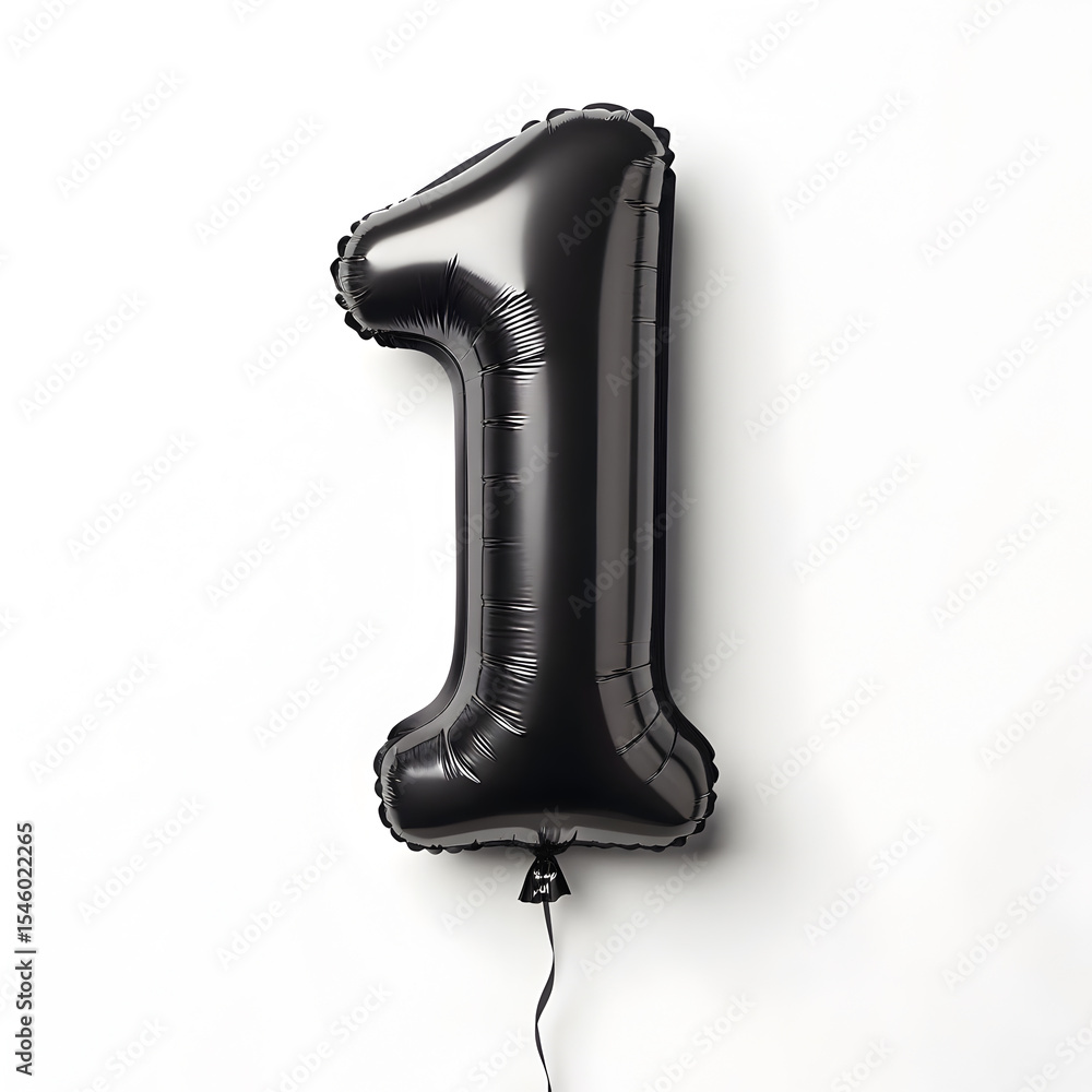 Fototapete a balloon shaped like the number 1,matte black metallic finish with realistic reflections and smooth