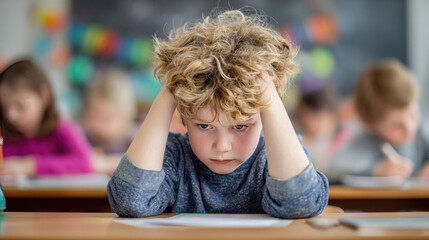 Little student boy sitting indoors at table, writing during test, visibly frustrated, arms tense, quiet classroom with children in background, capturing pressure in early school years