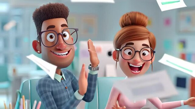 Two cartoon office workers are smiling at the desk in a cheerful and upbeat illustration ideal for business presentations or infographics.